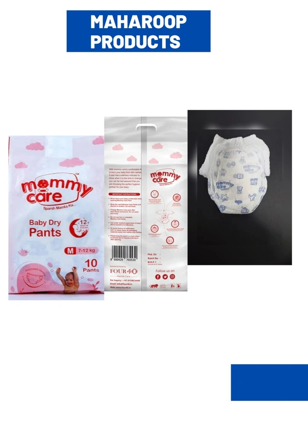 Mommy Care Extra Dry Baby Pants Diaper, Medium (M) Size, 40 Count, Super Absorbent Core Up To 12 Hrs. Protection, Soft Elastic Waist Grip & Wetness Indicator, Pack Of 4, Upto 12kg. - Medium (M)