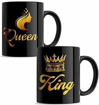 King Queen Mug Best Gift To Gift Couples , Anniversarys - Black and Golden