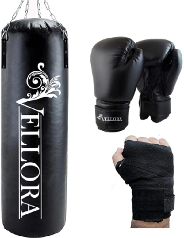 Vellora Unfilled Boxing Bag 4ft with Wrap + Boxing Gloves Boxing Kit