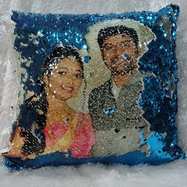 Sequin/Chamki Pillow - Square Shape - Blue