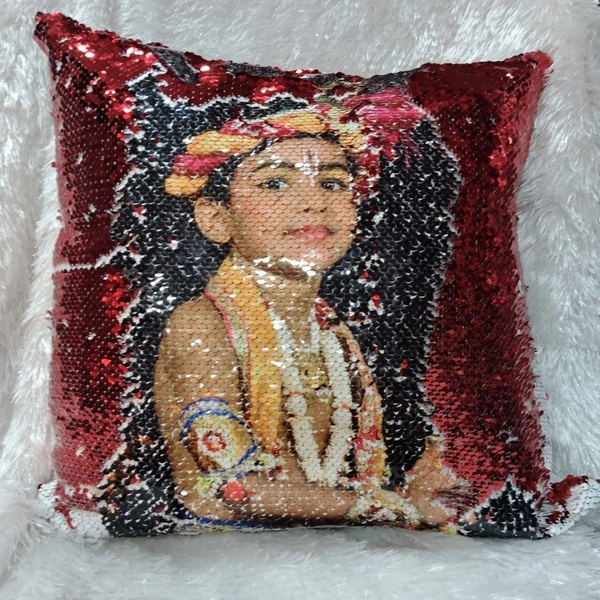 Sequin/Chamki Pillow - Square Shape - Red