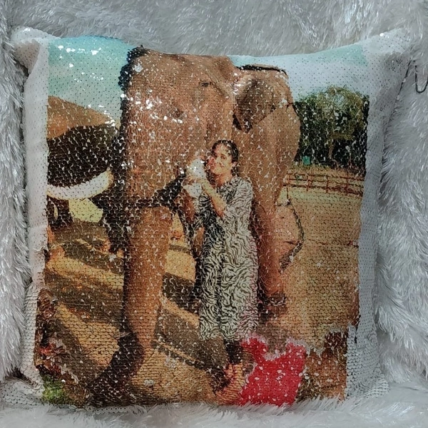 Sequin/Chamki Pillow - Square Shape - White