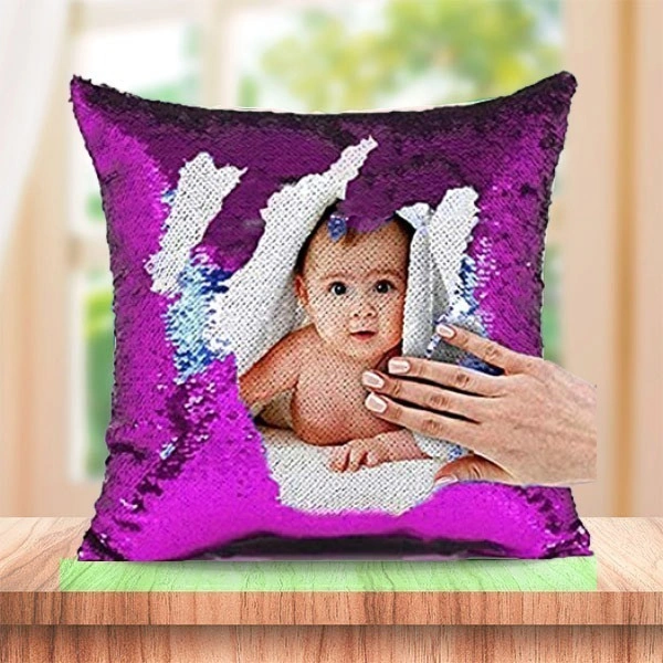 Sequin/Chamki Pillow - Square Shape - Pink