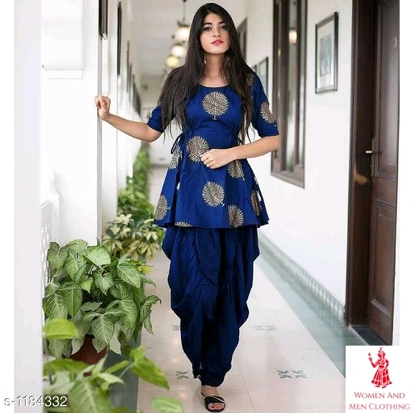 Women Printed Rayon Kurta Set With Dhoti Pants