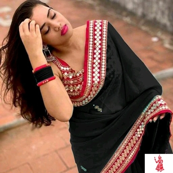 Saree Fabric Georgette, Blouse Fabric Art Silk Real Glass Mirror Work Saree With Glass Work Blouse