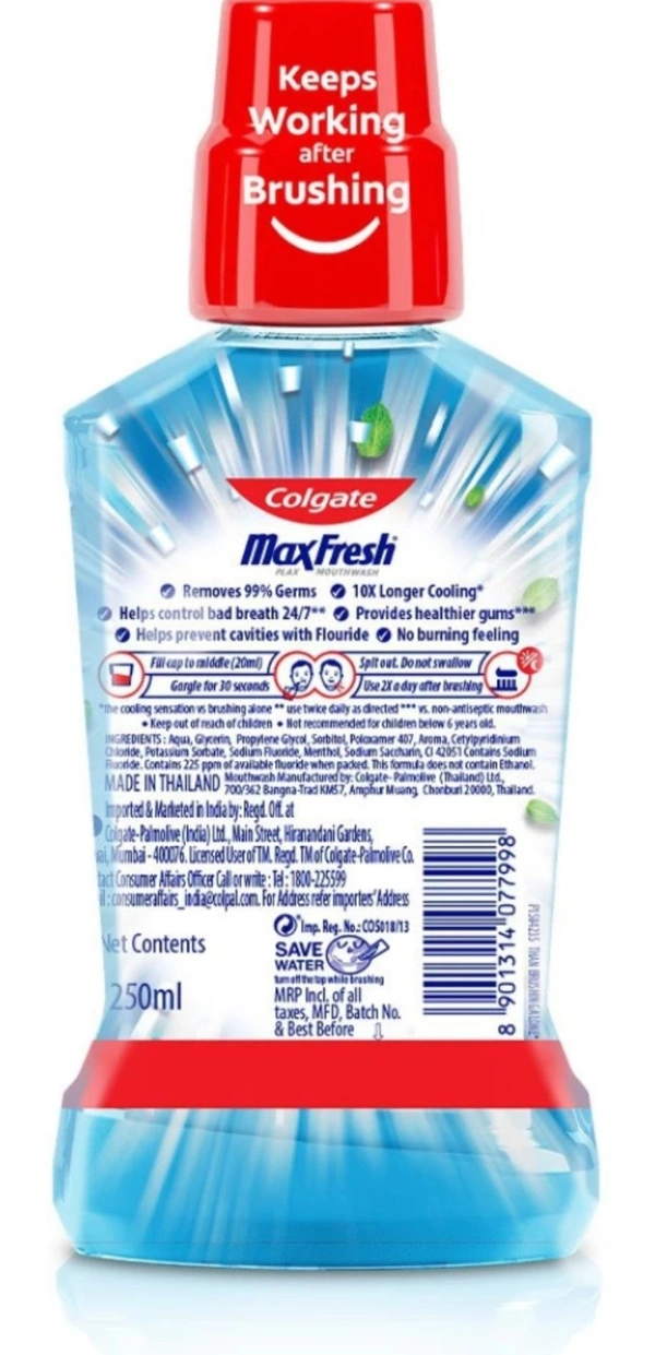 Colgate MaxFresh Plax Antibacterial Mouthwash - Peppermint Fresh (250 ml)