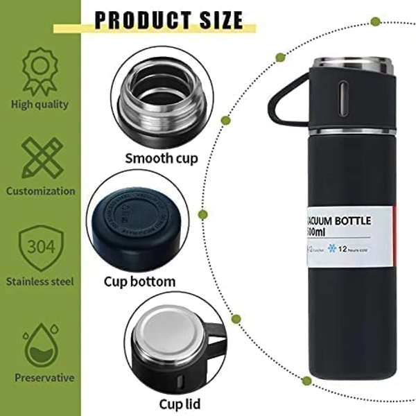 STAINLESS STEEL VACUUM FLASK SET WITH 3 STEEL CUPS COMBO FOR COFFEE HOT DRINK AND COLD WATER FLASK IDEAL GIFTING TRAVEL FRIENDLY LATEST FLASK BOTTLE. (500ML)