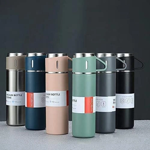STAINLESS STEEL VACUUM FLASK SET WITH 3 STEEL CUPS COMBO FOR COFFEE HOT DRINK AND COLD WATER FLASK IDEAL GIFTING TRAVEL FRIENDLY LATEST FLASK BOTTLE. (500ML)