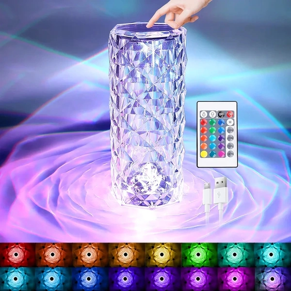 Rose Diamond Crystal Table Lamp USB Rechargeable, 8 Mode Color Changing Acrylic 3D Night Light (16 Colors with Touch and Remote Control)