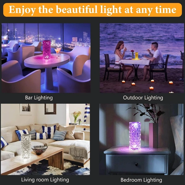 Rose Diamond Crystal Table Lamp USB Rechargeable, 8 Mode Color Changing Acrylic 3D Night Light (16 Colors with Touch and Remote Control)