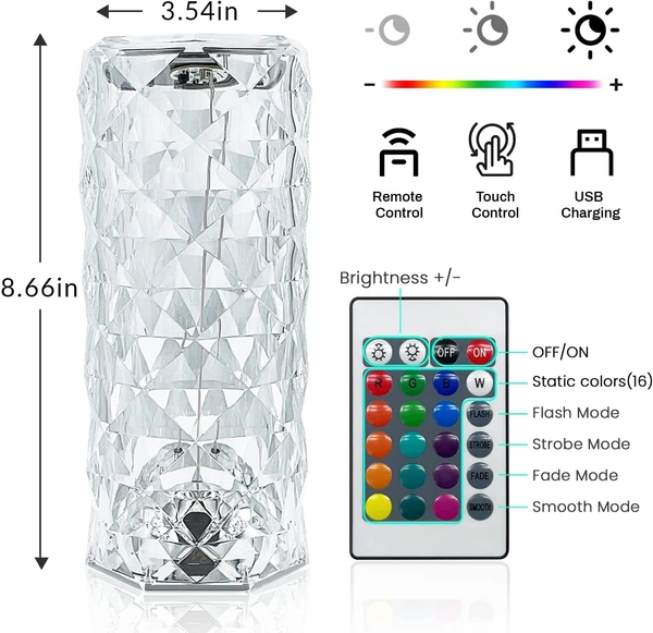 Rose Diamond Crystal Table Lamp USB Rechargeable, 8 Mode Color Changing Acrylic 3D Night Light (16 Colors with Touch and Remote Control)