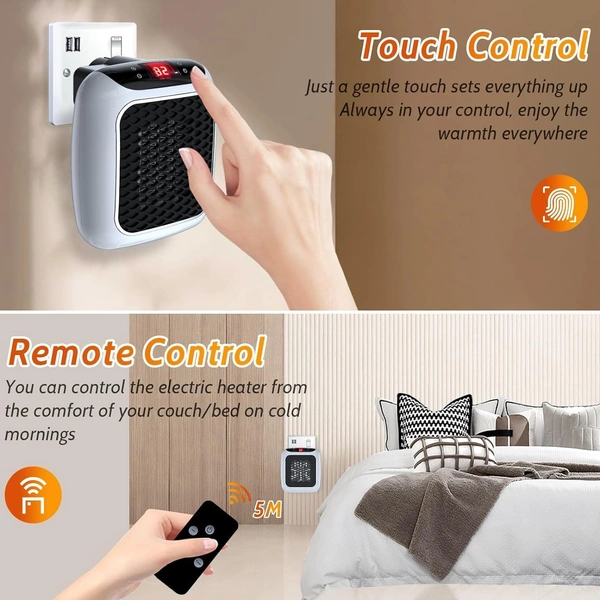 Portable Wall plug In Room Heater with Remote | Small Handy Electric Room Heater | Portable Electric Wall space Heater With Adjustable Thermostat and Timer Low Consumption 800w, Heater for Home - Gray