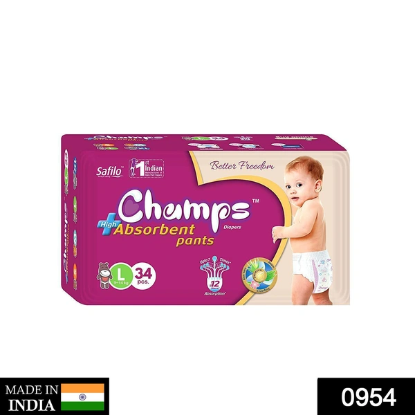 0954 Premium Champs High Absorbent Pant Style Diaper Large Size, 34 Pieces (954_Large_34)