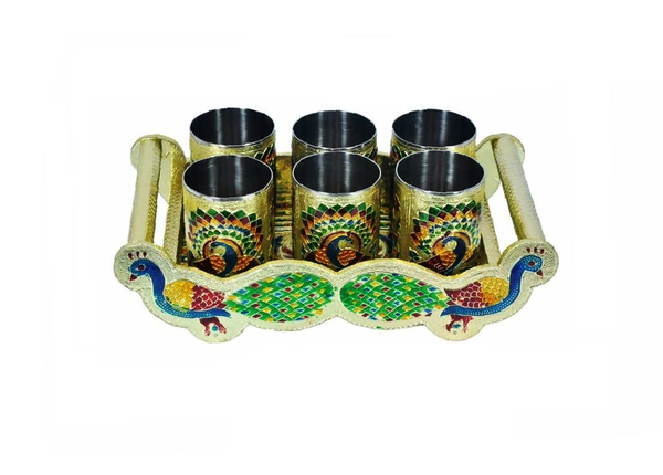 2125 Peacock Design Glass with Handle and Handicraft Serving Tray Set
