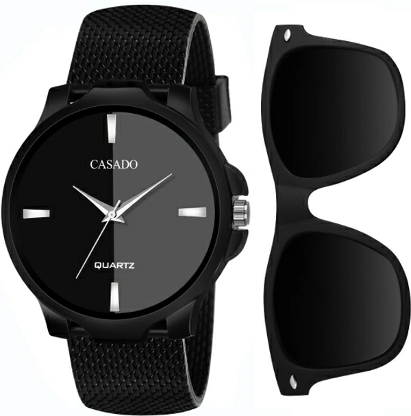 CASADO Combo Set of Wayfarer Sunglass and Elegant Watch with Premium Gift Box Packaging - Black, Free