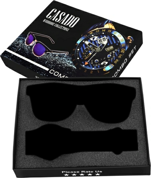 CASADO Combo Set of Wayfarer Sunglass and Elegant Watch with Premium Gift Box Packaging - Black, Free