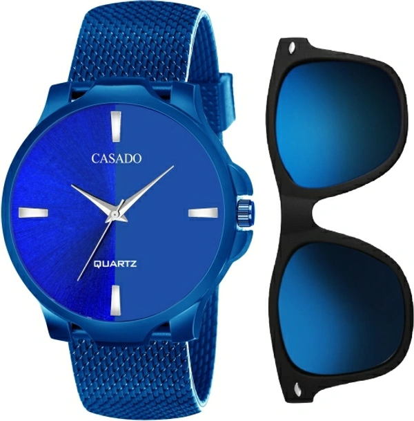 CASADO Combo Set of Wayfarer Sunglass and Elegant Watch with Premium Gift Box Packaging - Blue, Free