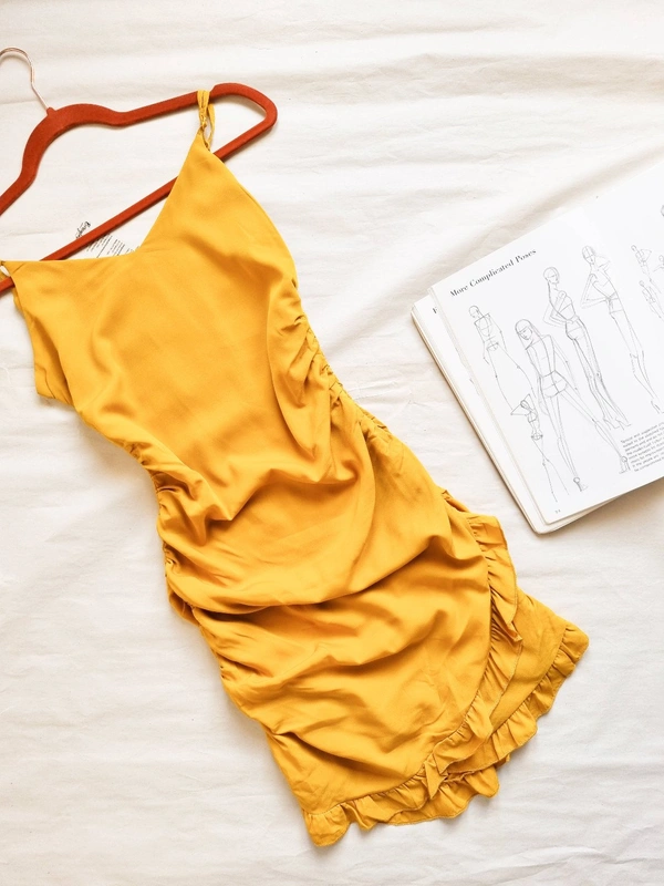 Berrylush  Ruched Dress - Mustard , M