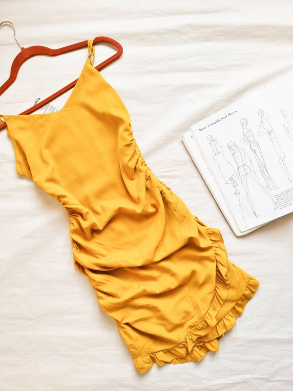 Berrylush  Ruched Dress - Mustard , M