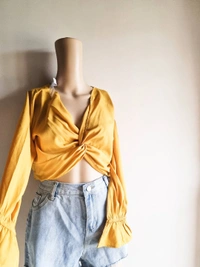 Bishop Sleeves Crop Top - Mustard , M