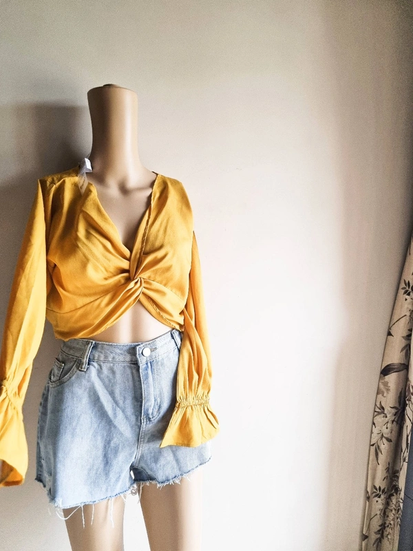 Bishop Sleeves Crop Top - Mustard , M