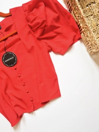 Puff Sleeve Regular Top - Red, L