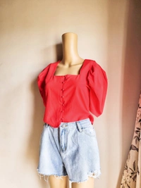 Puff Sleeve Regular Top - Red, L