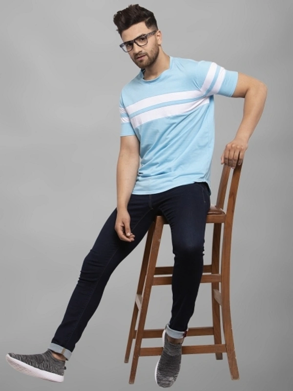 CONWAY Striped Men Round Neck Reversible Pink T-Shirt - Light Blue, M