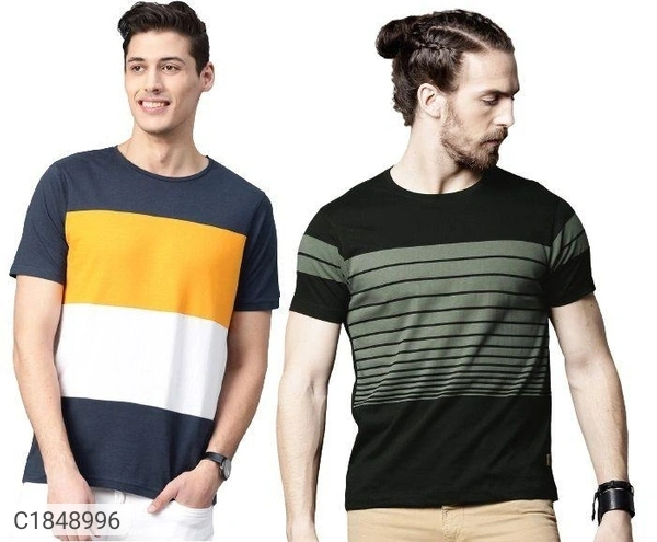  Black Hat Cotton Blend Color Block/Stripes Half Sleeves Mens Round neck T-Shirt(SC1848996)  - L