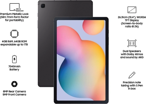 SAMSUNG Galaxy Tab S6 Lite 4 GB RAM 64 GB ROM 10.4 inch with Wi-Fi+4G Tablet (Oxford Grey)