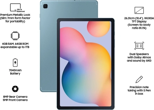 SAMSUNG Galaxy Tab S6 Lite 4 GB RAM 64 GB ROM 10.4 inch with Wi-Fi+4G Tablet (Angora Blue)