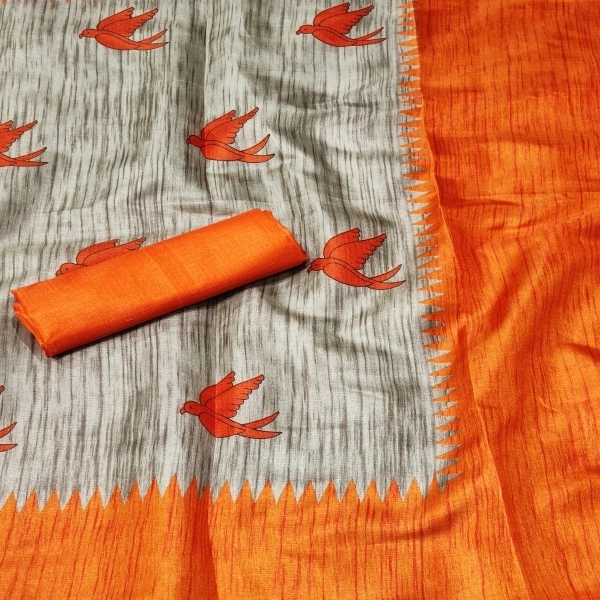 RekhaManiyar Animal Print Daily Wear Khadi Silk Saree - Orange , Sidhu Collection 