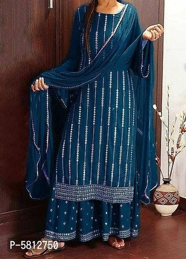 Alluring Rayon Embroidered Kurta with Sharara And Malmal Dupatta Set For Women (SP5812756)  - Black, M, Sidhu Collection 