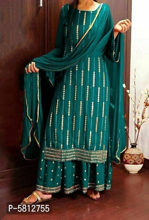 Alluring Rayon Embroidered Kurta with Sharara And Malmal Dupatta Set For Women (SP5812756)  - Black , XL , Sidhu Collection 