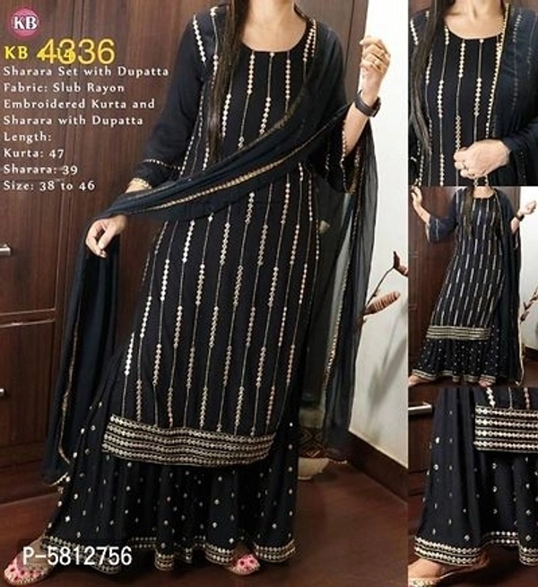 Alluring Rayon Embroidered Kurta with Sharara And Malmal Dupatta Set For Women (SP5812756)  - Black , 3XL , Sidhu Collection 