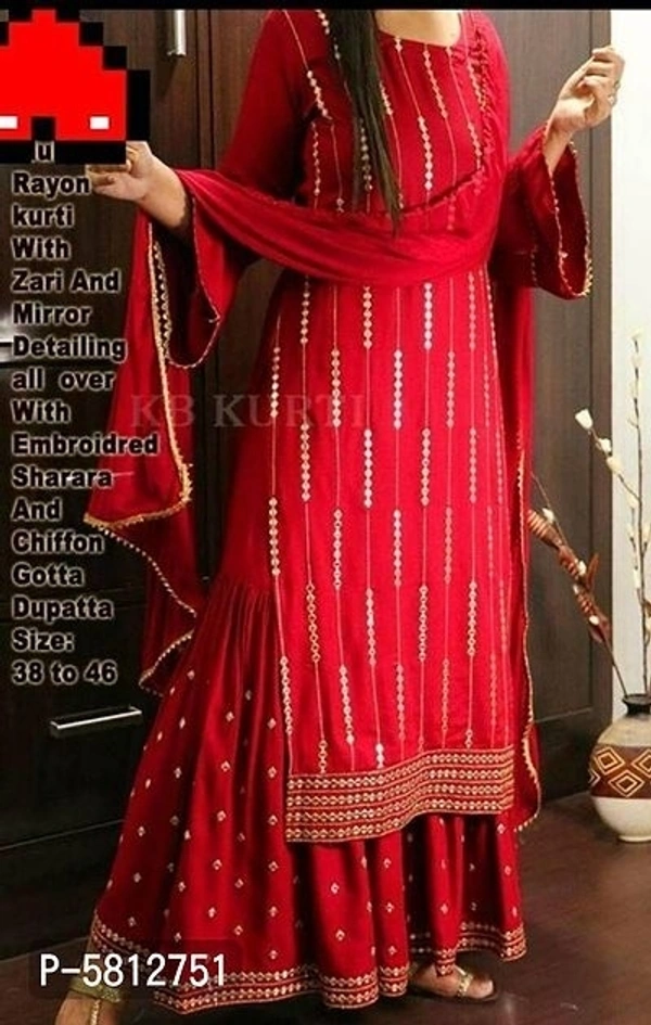 Alluring Rayon Embroidered Kurta with Sharara And Malmal Dupatta Set For Women (SP5812756)  - Red, 2XL, Sidhu Collection 
