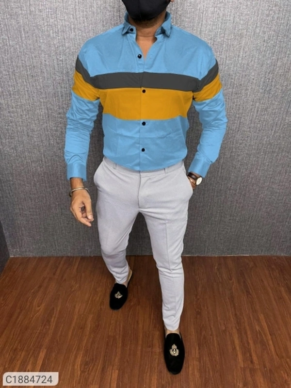 Cotton Blend Color Block Full Sleeves Slim Fit Casual Shirt (SC1884725)  - Sky, L, Sidhu Collection 
