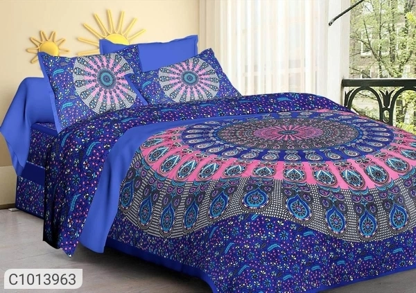  Jaipuri Printed Cotton Double Bedsheets (SC1013963)  - Blue, Sidhu Collection 