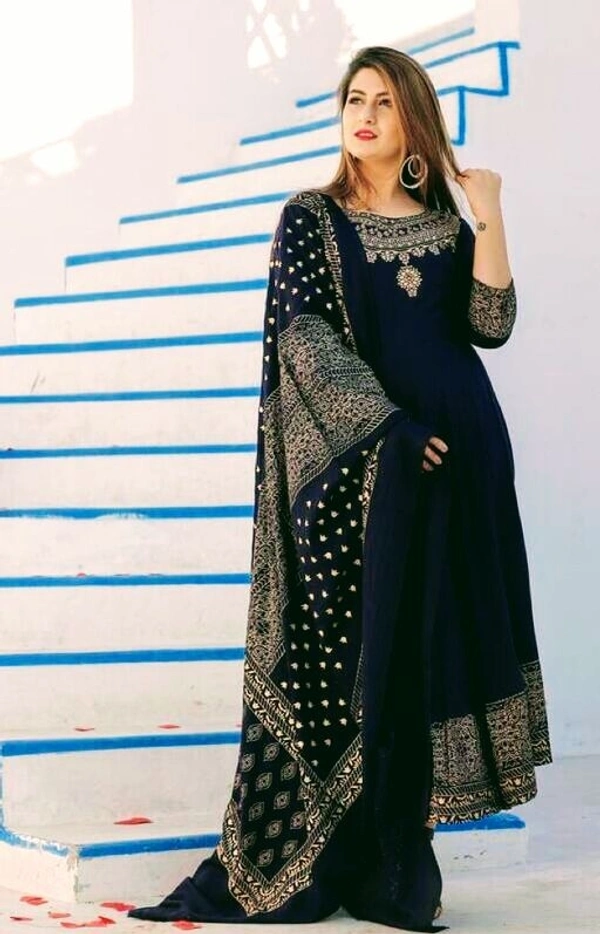 Women Printed Rayon Anarkali With Dupatta (SCS42458536) - M, Sidhu Collection 