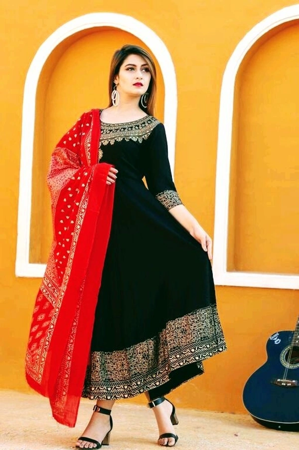 Women Printed Rayon Anarkali With Dupatta (SCS42458535) - XXL , Sidhu Collection 