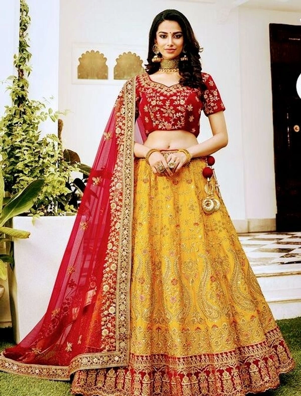 Trendy Women's Silk Lehenga (SCS33955665)  - Yellow , Semi Stitched , Sidhu Collection 