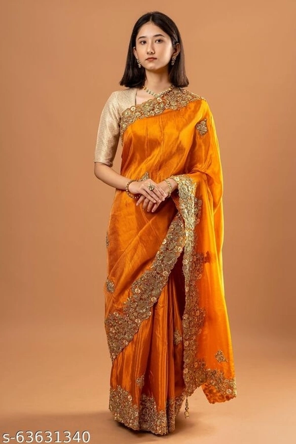 Orange Tussar Silk Embroidered Border Saree (SCS63631340)  - Orange, Free, Sidhu Collection 