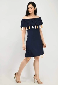  Women's Crepe Solid Short Dress (SC1674298) - Navy Blue , L, Sidhu Collection 