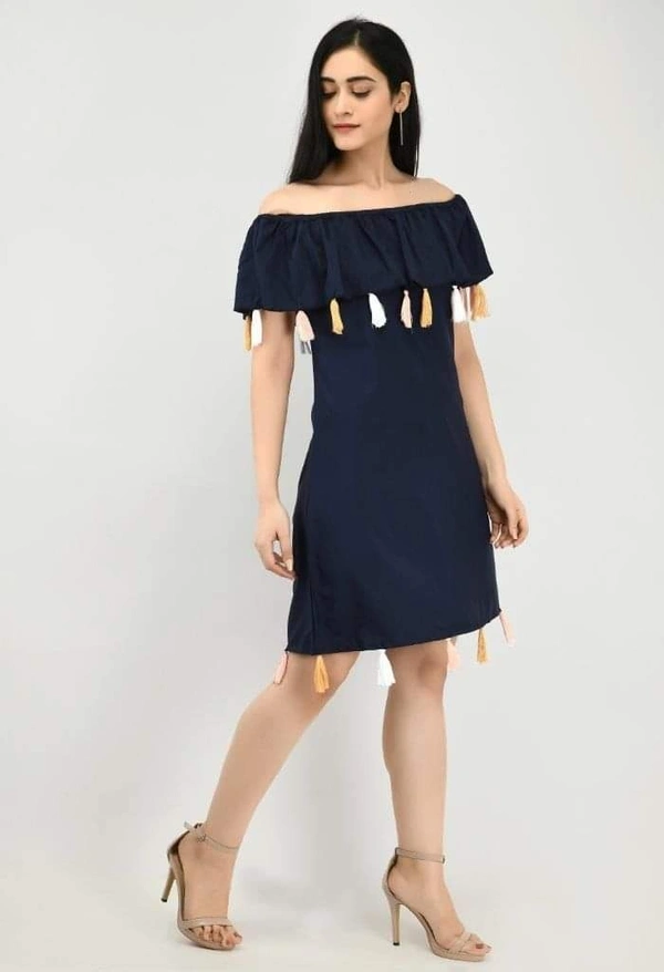  Women's Crepe Solid Short Dress (SC1674298) - Navy Blue , L, Sidhu Collection 