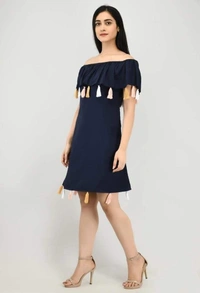  Women's Crepe Solid Short Dress (SC1674298) - Navy Blue , L, Sidhu Collection 