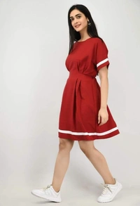  Women's Crepe Stripe Short Dress (SC1674301)  - Maroon, L, Sidhu Collection 
