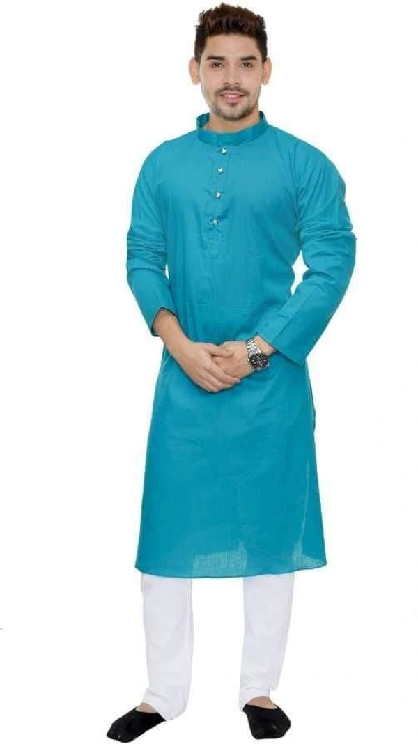 Cotton Solid Full Sleeves Straight Fit Kurta Set (Code: SC1754002) - Blue, L, Sidhu Collection 