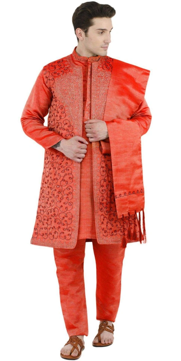  Polyester Printed Regular Fit Kurta with Churidar (Code: SC706194) - Orange, L, Sidhu Collection 