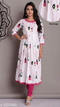 Women's Printed Rayon Long Anarkali Kurti (SCS3221480)  - Pink, L, Sidhu Collection 