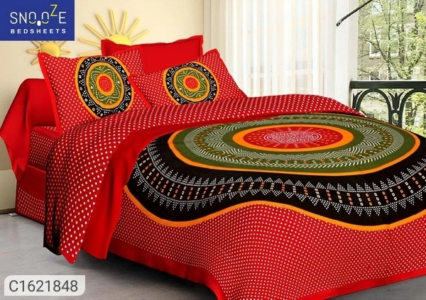 Snooze Printed Cotton Double Bedsheets (SC1621847)  - Red, Sidhu Collection 